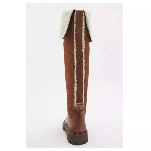 Zara Over The Knee Leather Suede Boots New Sz 7.5 Brown Shearling - Picture 2 of 8